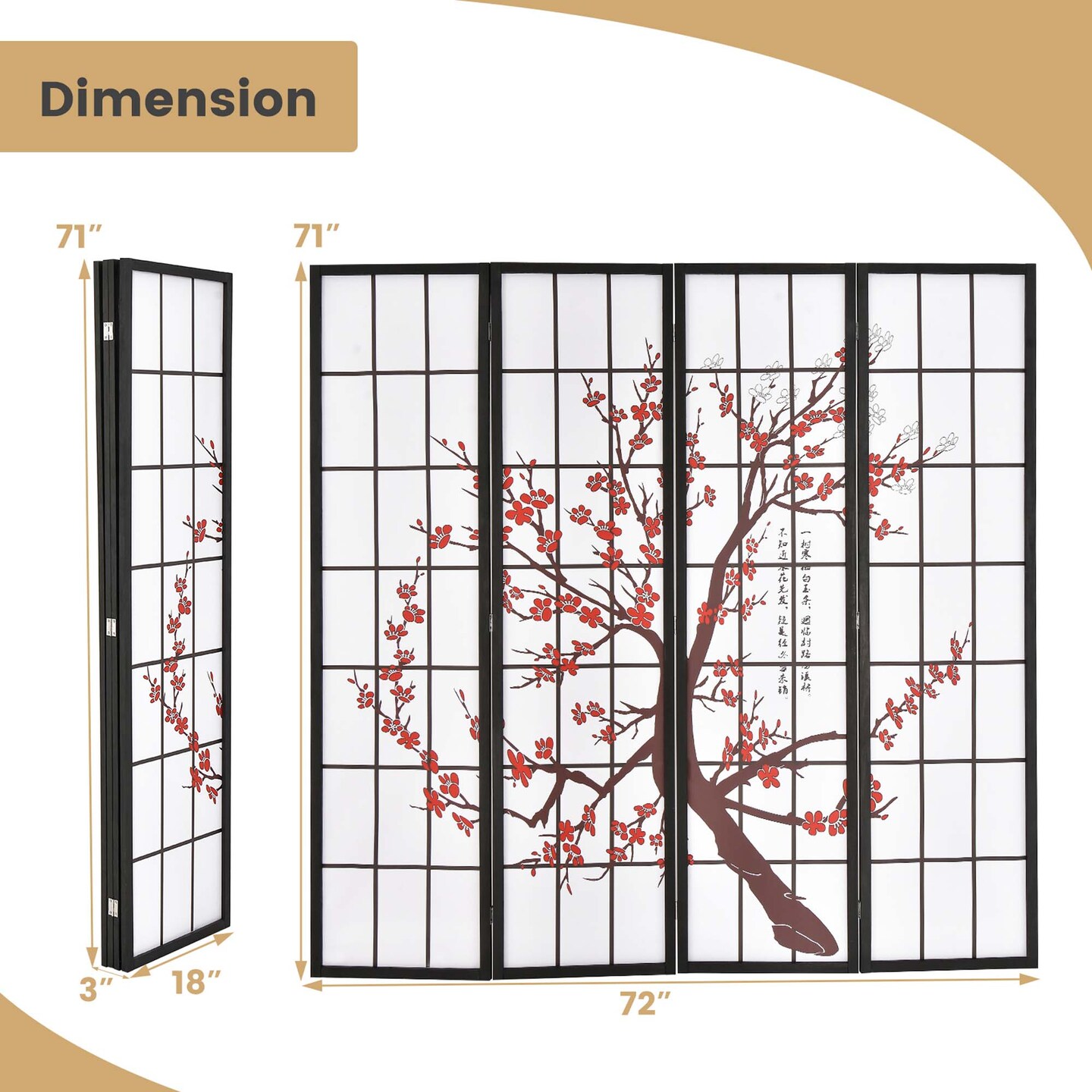 Costway 4-Panel Japanese Style Folding Room Divider with Elegant Plum Blossom Design Indoor