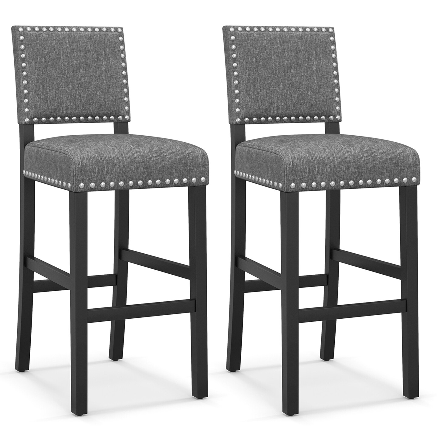 Costway Set of 2 Counter/Bar Height Chairs with Solid Rubber Wood Frame &#x26; Adjustable Foot Pads Gray &#x26; Dark Brown