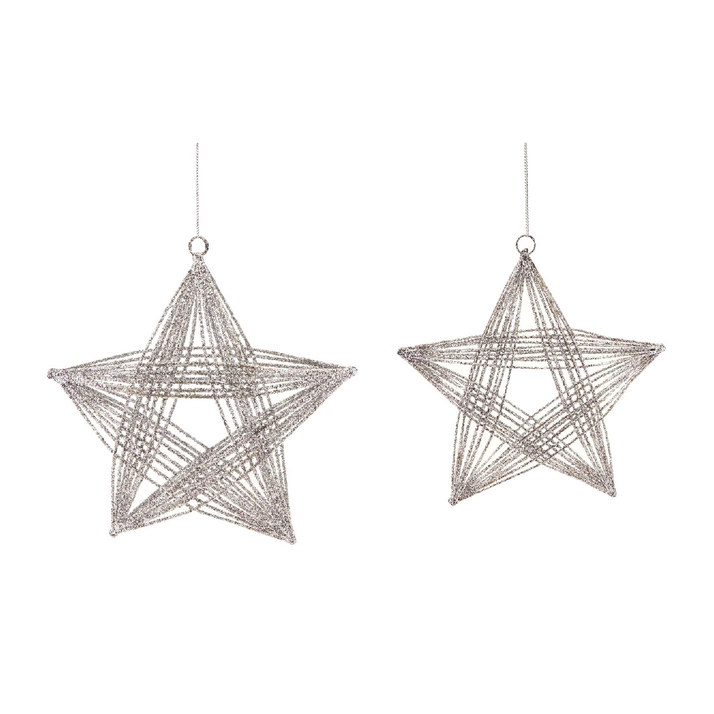 Melrose Set of 2 Silver Glittered 3D Wire Frame Star Christmas Ornaments 8.25&#x22;