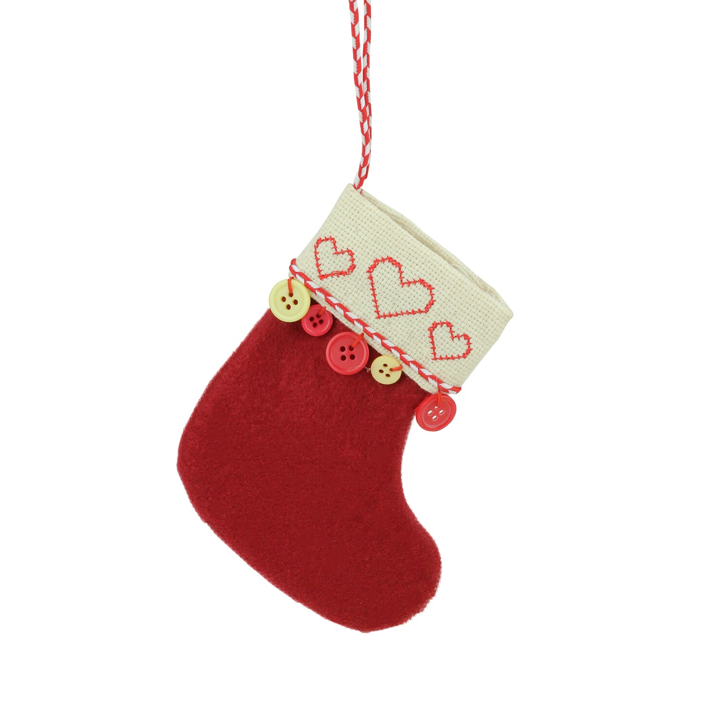 Roman 6.5&#x22; Red and Tan Embroidered Hearts and Buttons Christmas Stocking Ornament