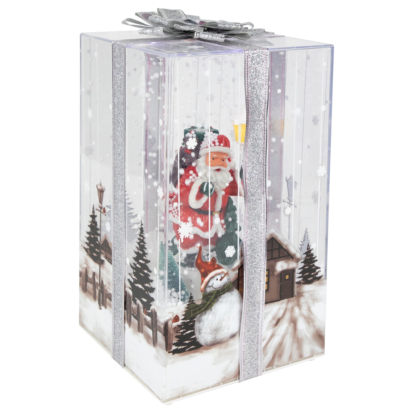Northlight 12&#x22; Lighted and Musical Santa Snowing Gift Box with Silver Ribbon Christmas Decoration