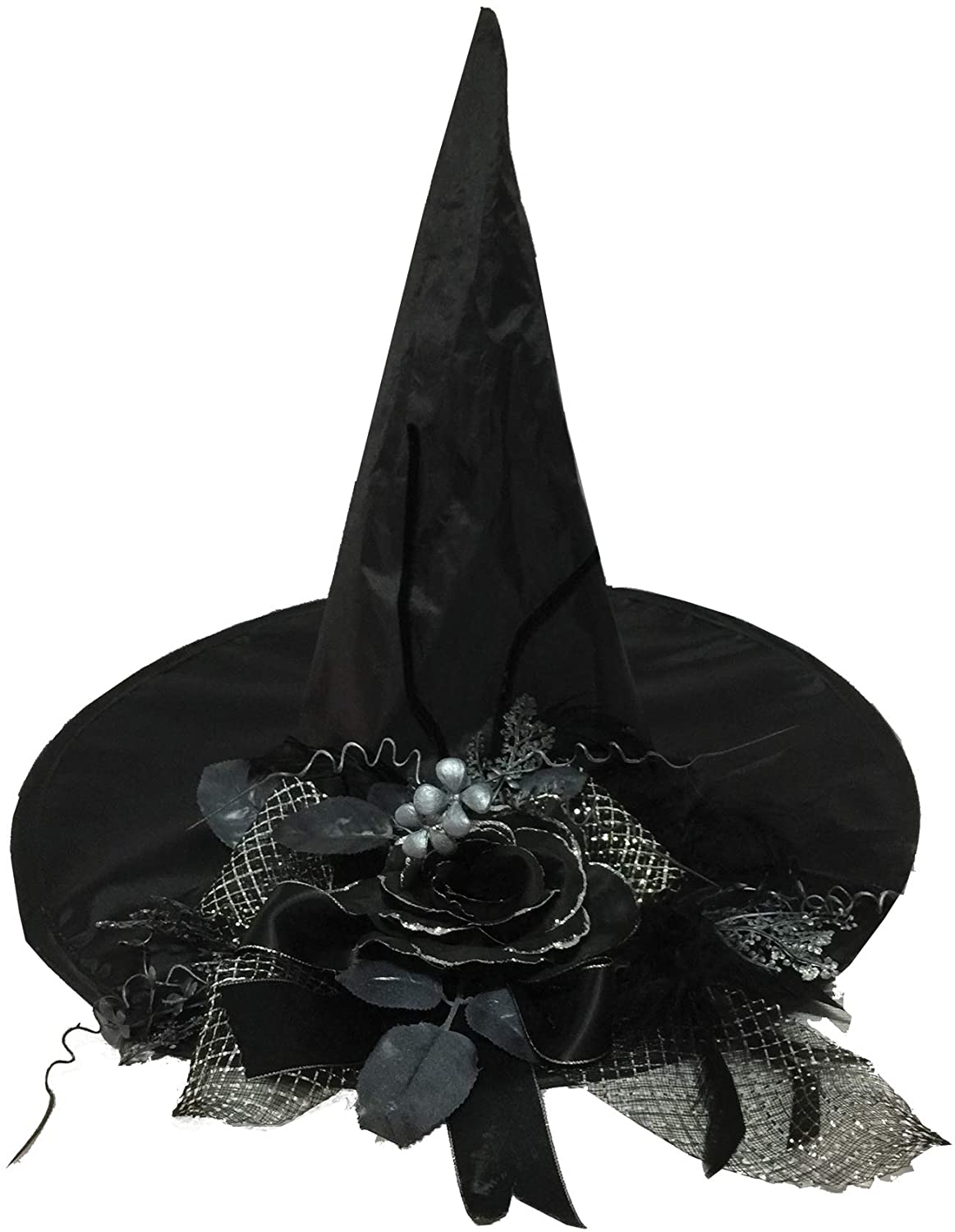 The Costume Center Black Witch Hat with Black Flower Women Adult Halloween Costume Accessory - One Size