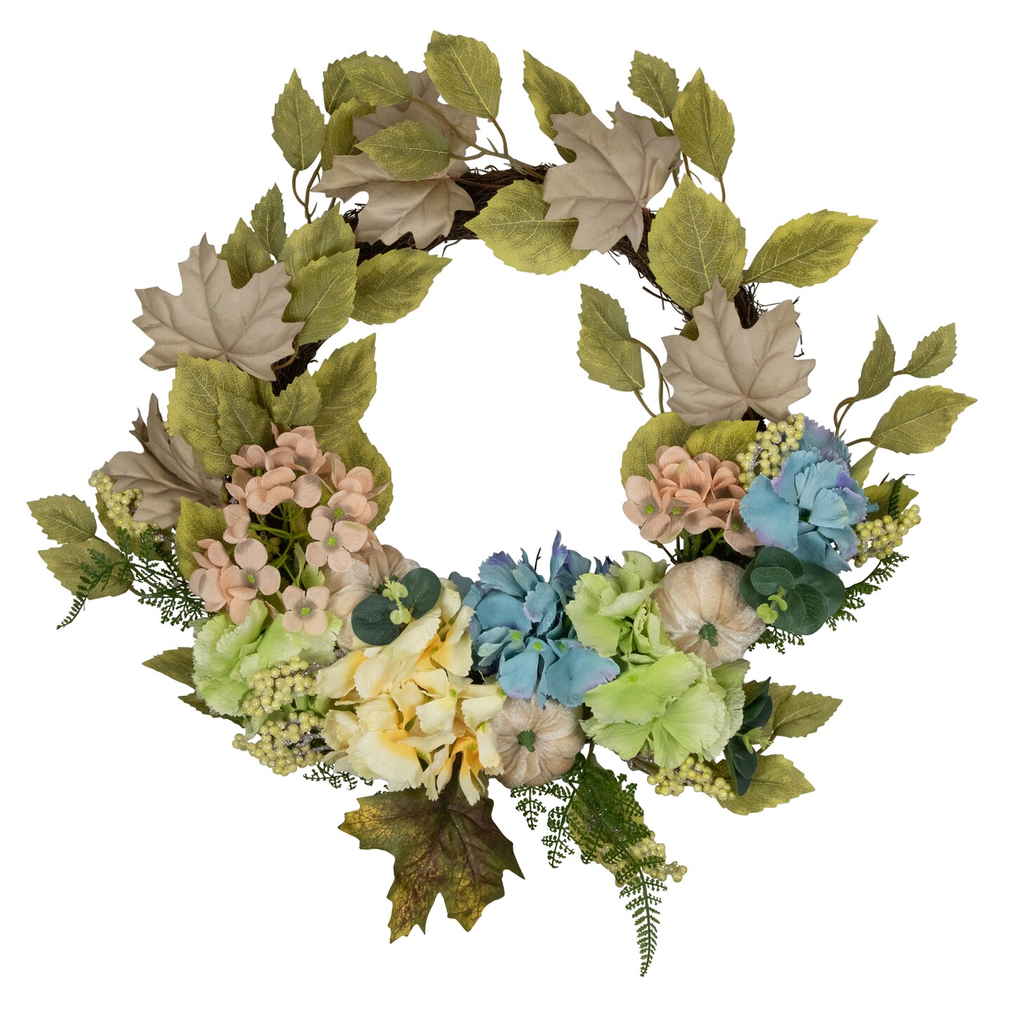 Northlight Floral and Gourds Thanksgiving Artificial Wreath - 22&#x22; - Green and Blue