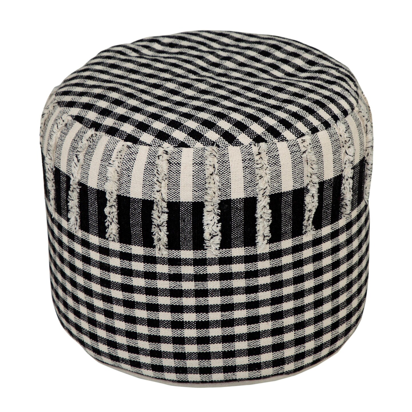 Laddha Home Designs 18" White and Black Checkered Hand Loomed Round Pouf Ottoman