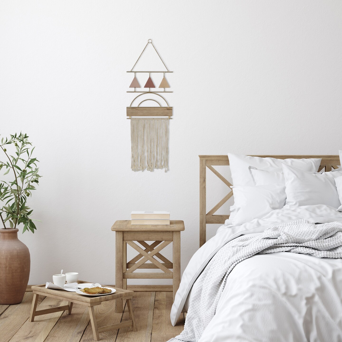 Contemporary Home Living 33.75&#x22; Beige Macrame with Metal Triangles Wall Design