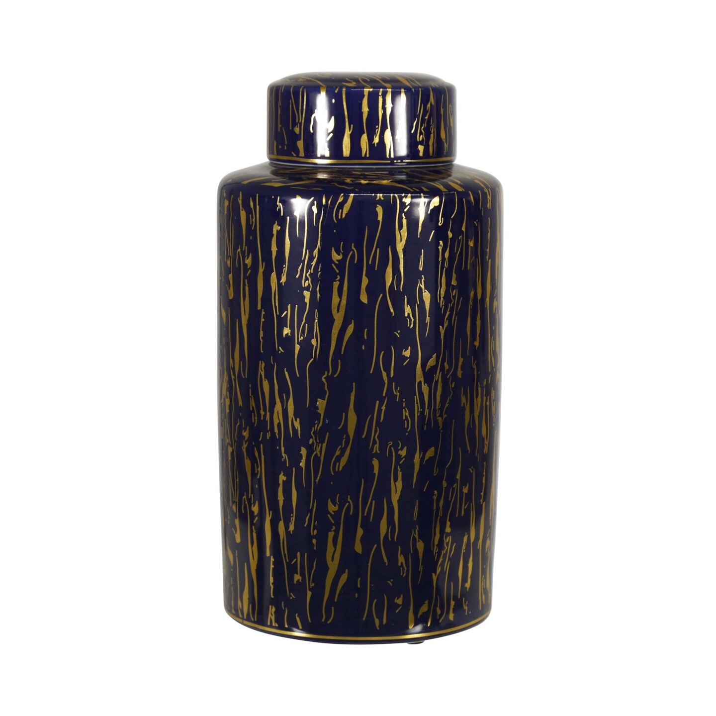 Kingston Living 15.75" Navy Blue and Gold Lines Ceramic Jar with Lid