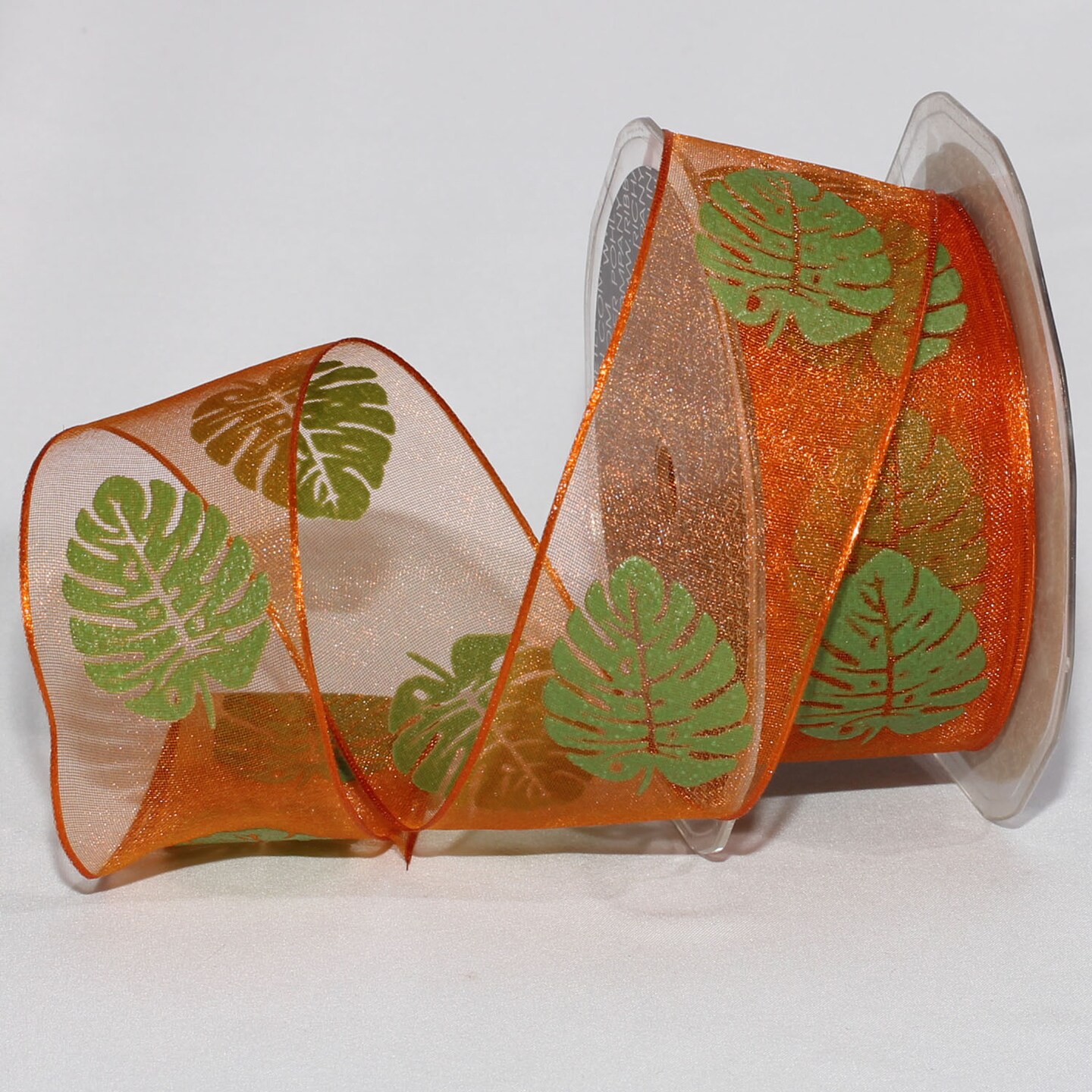 The Ribbon People Set of 2 Orange and Green Rubber Tree Wired Craft Ribbon 1.5&#x22; x 44 Yards