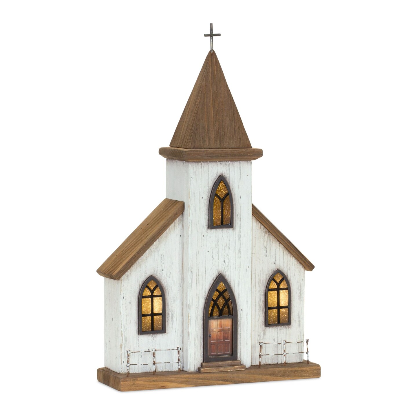 Melrose 17.75&#x22; Brown and White Lighted Wooden Church Tabletop Decoration