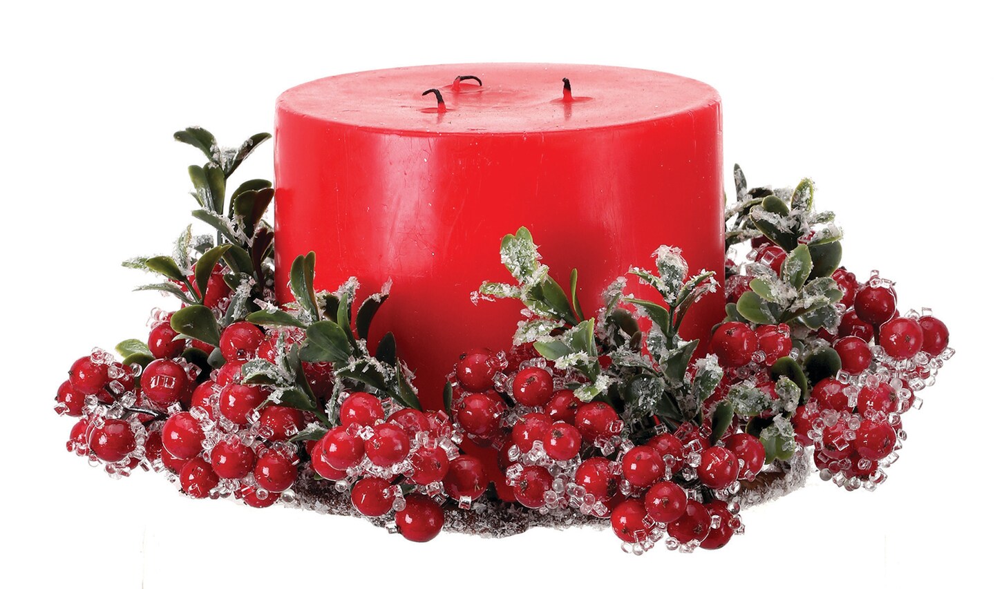 Contemporary Home Living Set of 2 Iced Boxwood and Berry Christmas Candle Rings, 9.5&#x22;