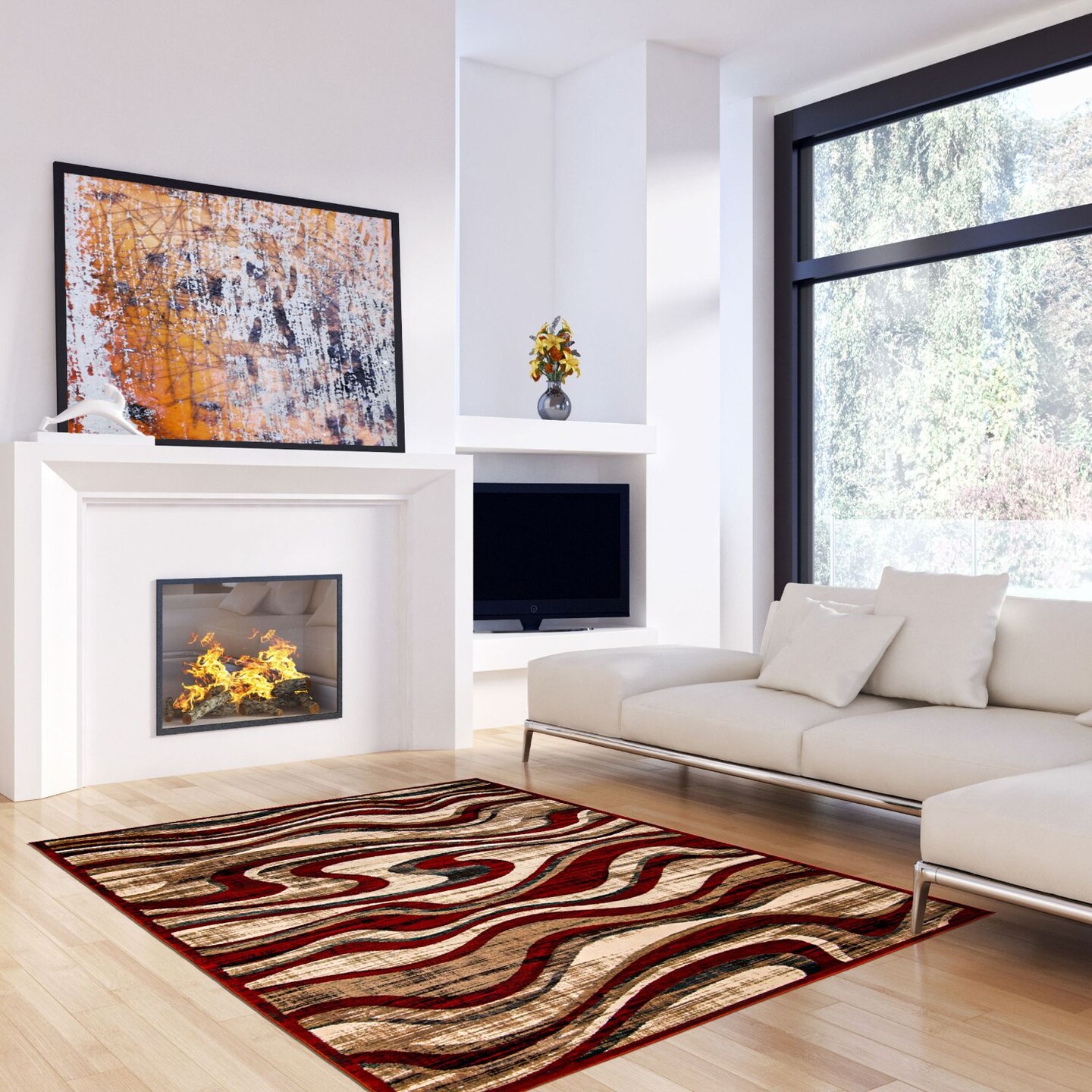 Chaudhary Living 7.75' x 10' Red and Off White Abstract Swirl Rectangular Area Throw Rug