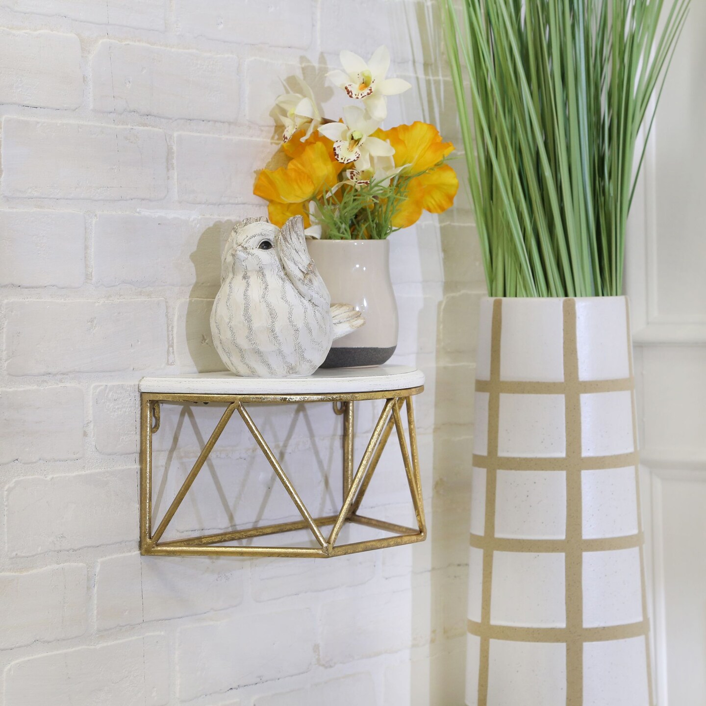 Kingston Living 12&#x22; White and Gold Demilune Decorative Wall Shelf