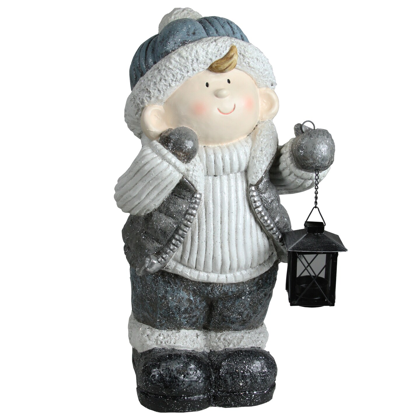 Northlight Little Boy Holding a Tea Light Lantern Christmas Figure - 18.5" - White and Gray