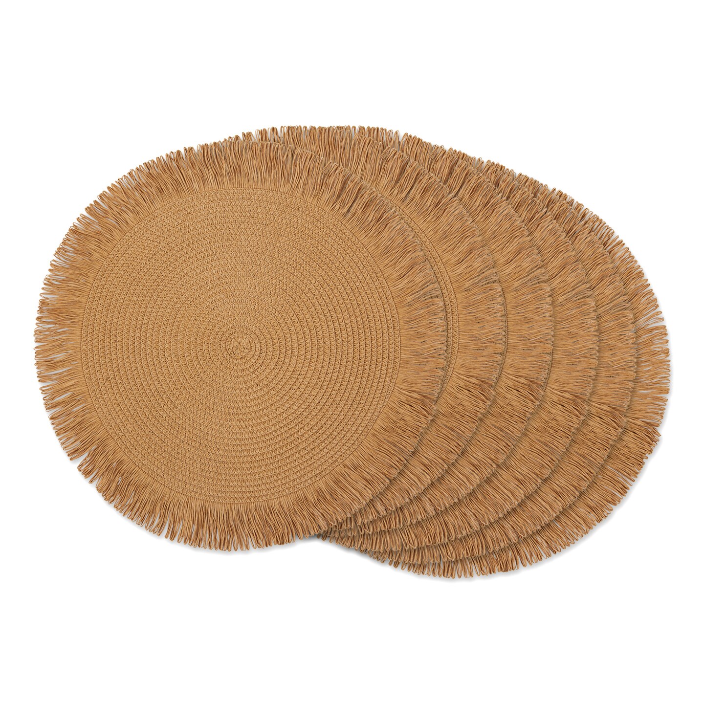 Contemporary Home Living Woven Round Fringed Placemats - 15&#x22; - Hazelnut Brown - Set of 6
