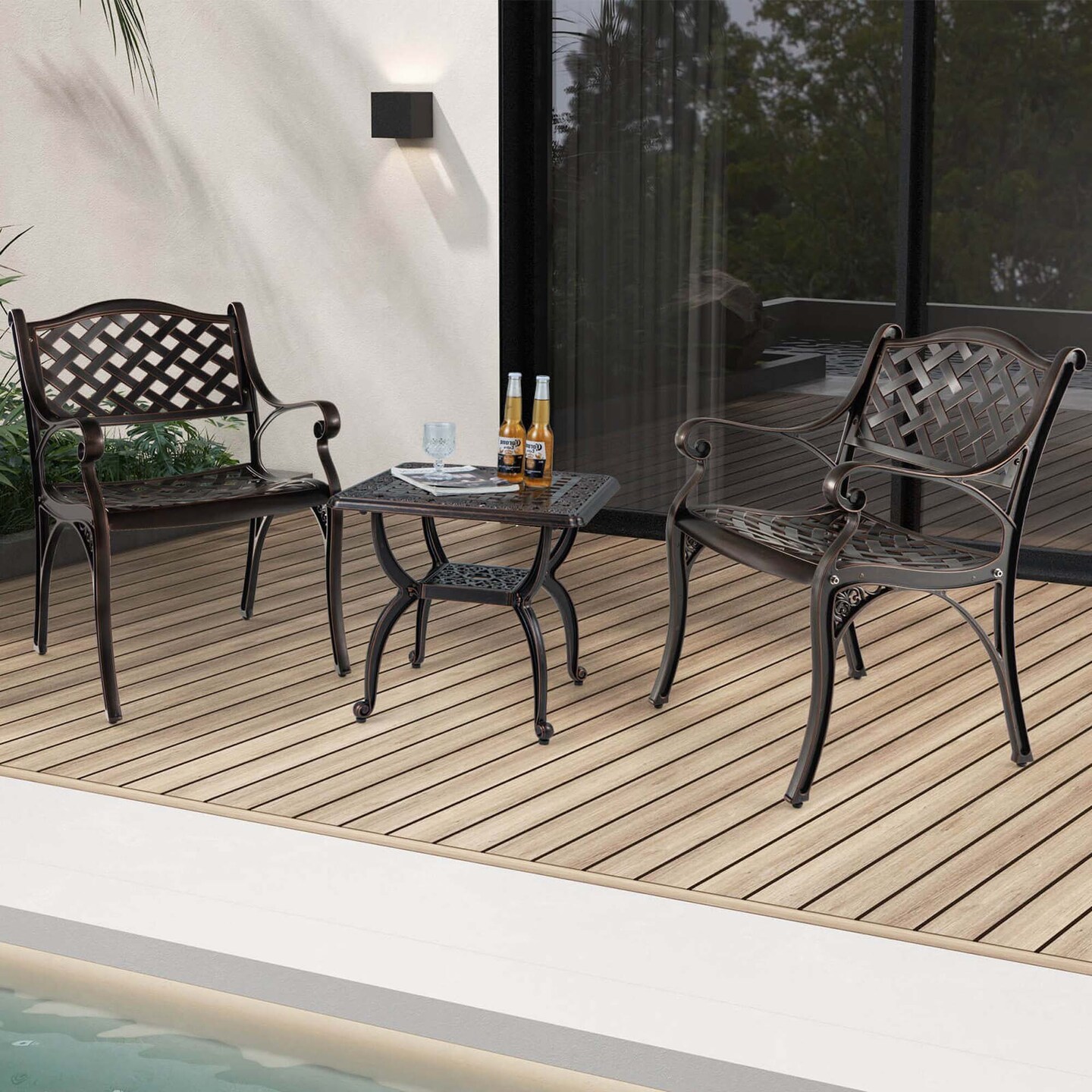 Costway 2/4 PCS Cast Aluminum Patio Chairs Set of 2 All Weather Outdoor Dining Chairs with Armrests Bronze