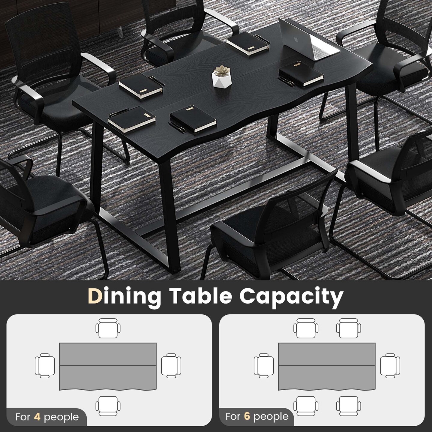 Costway 63&#x22; Large Dining Table for 4-6 People with Wavy Edge Heavy-duty Metal Frame Coffee/Black