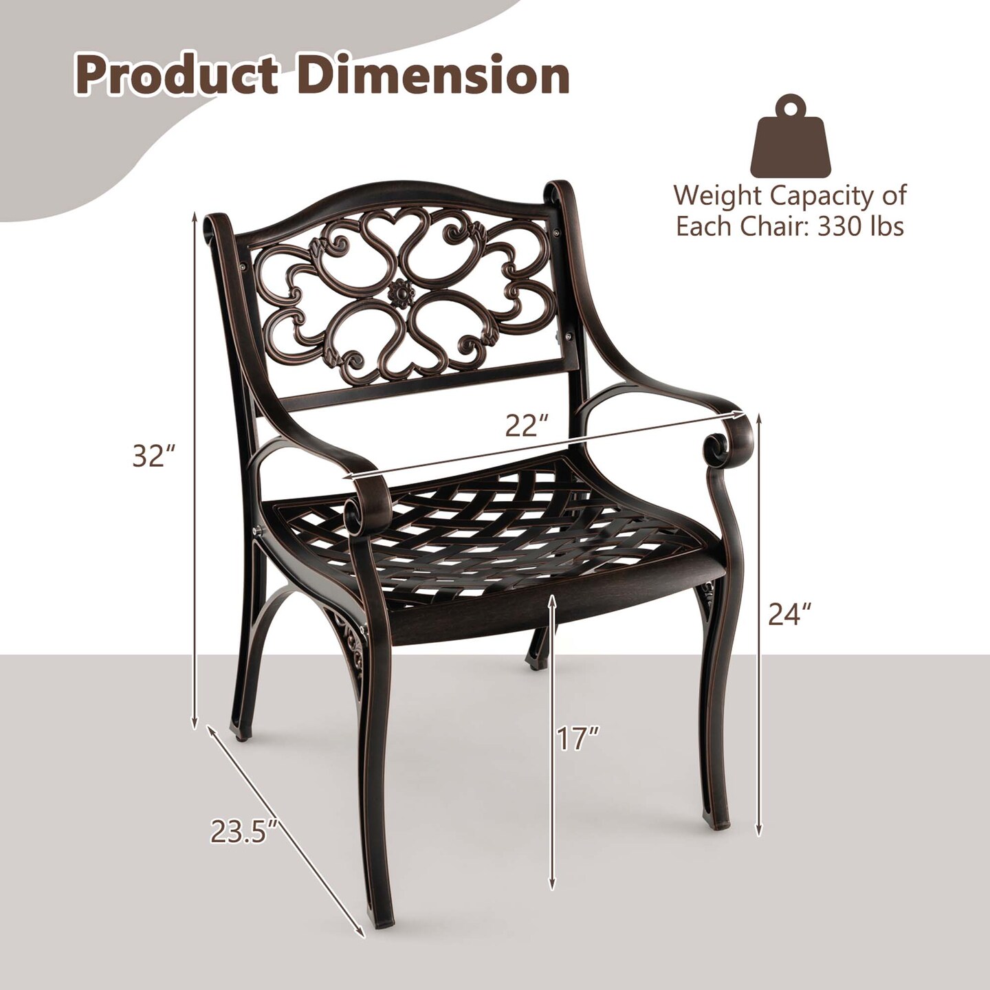 Costway 2/4 PCS Cast Aluminum Patio Chairs Set of 2 Outdoor Dining with Armrests &#x26; Curved Seats Bronze