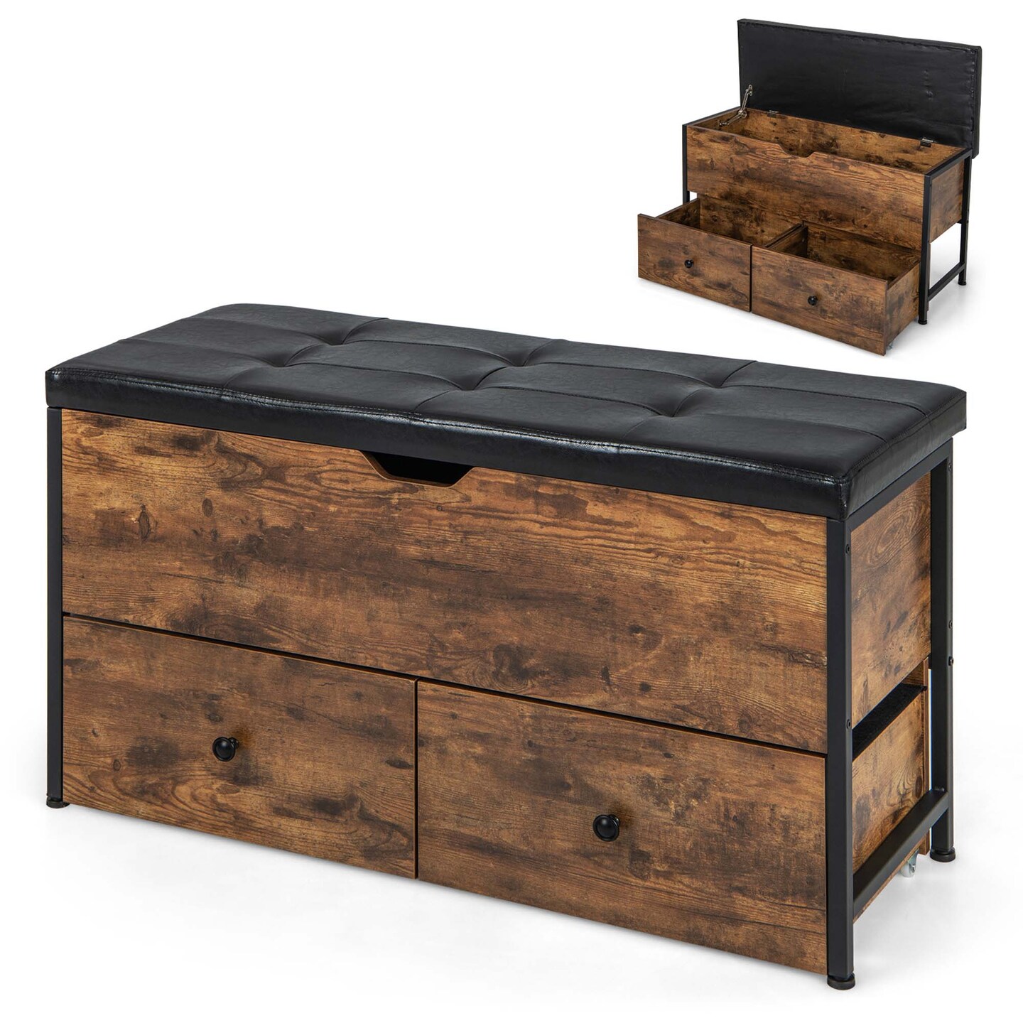 Costway Storage Ottoman Bench Flip Top Wooden Storage Chest with Cushion &#x26; 2 Drawers