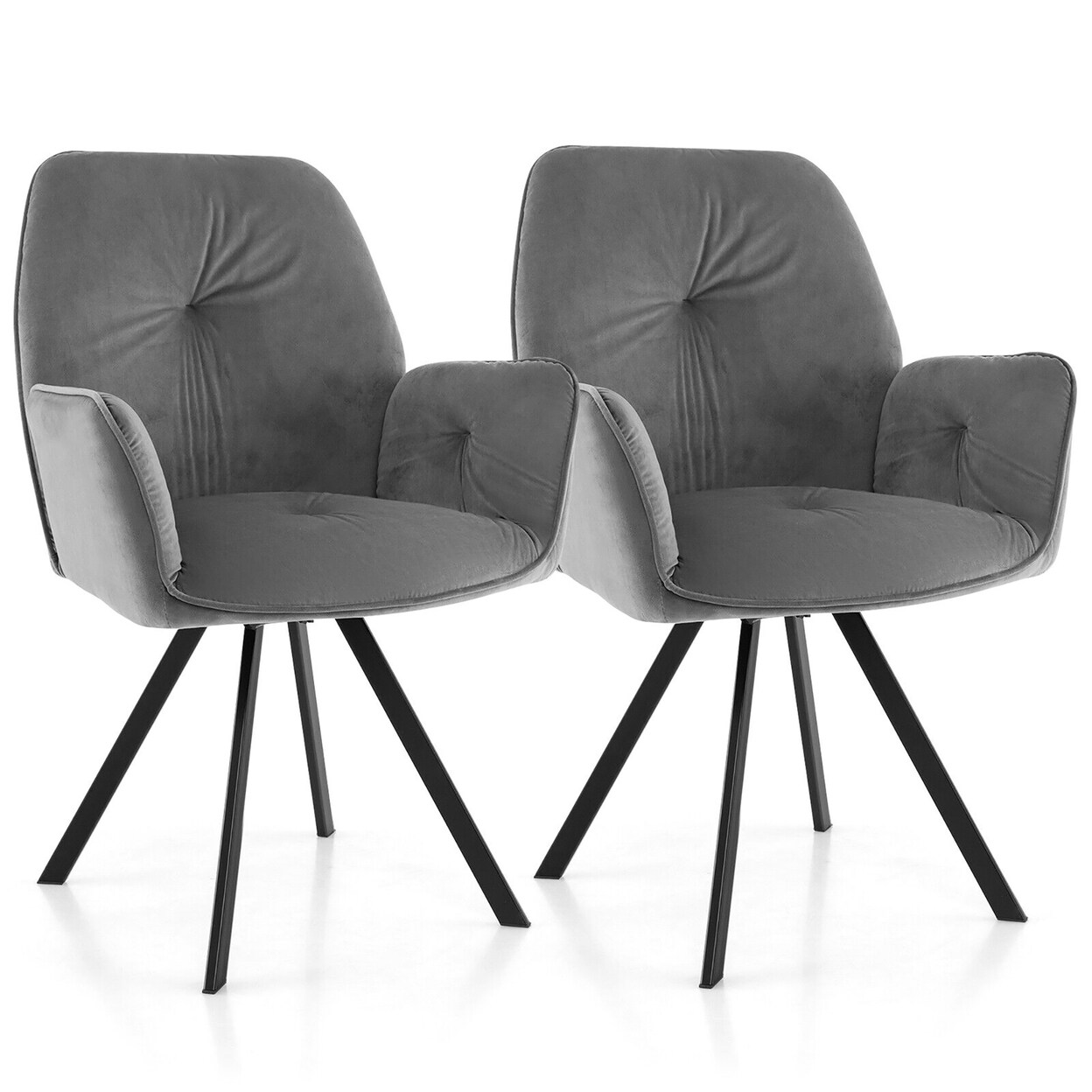 Set Of 2 Velvet Accent Chairs Swivel Dining Armchairs W/ Back And Metal Legs Gray