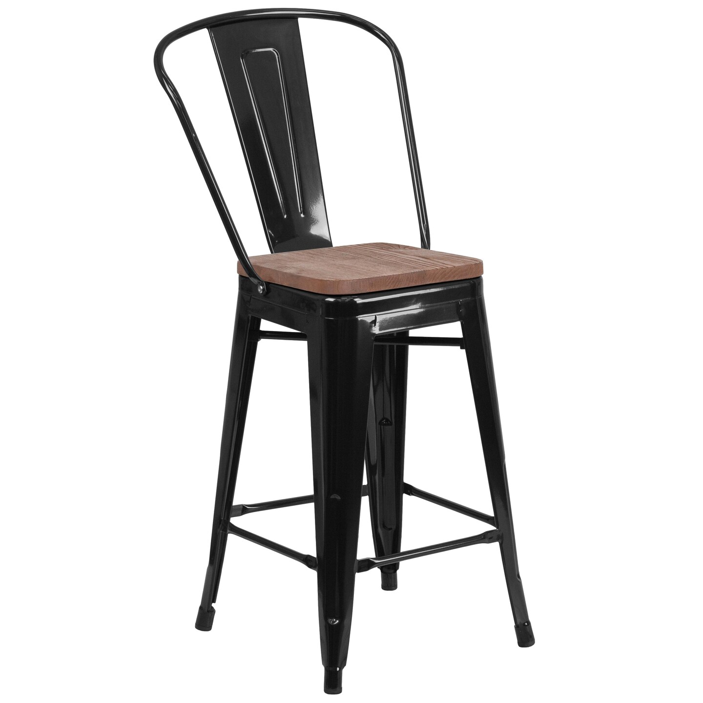 Merrick Lane Donnely Metal Dining Stool with Curved Slatted Back and Textured Wood Seat