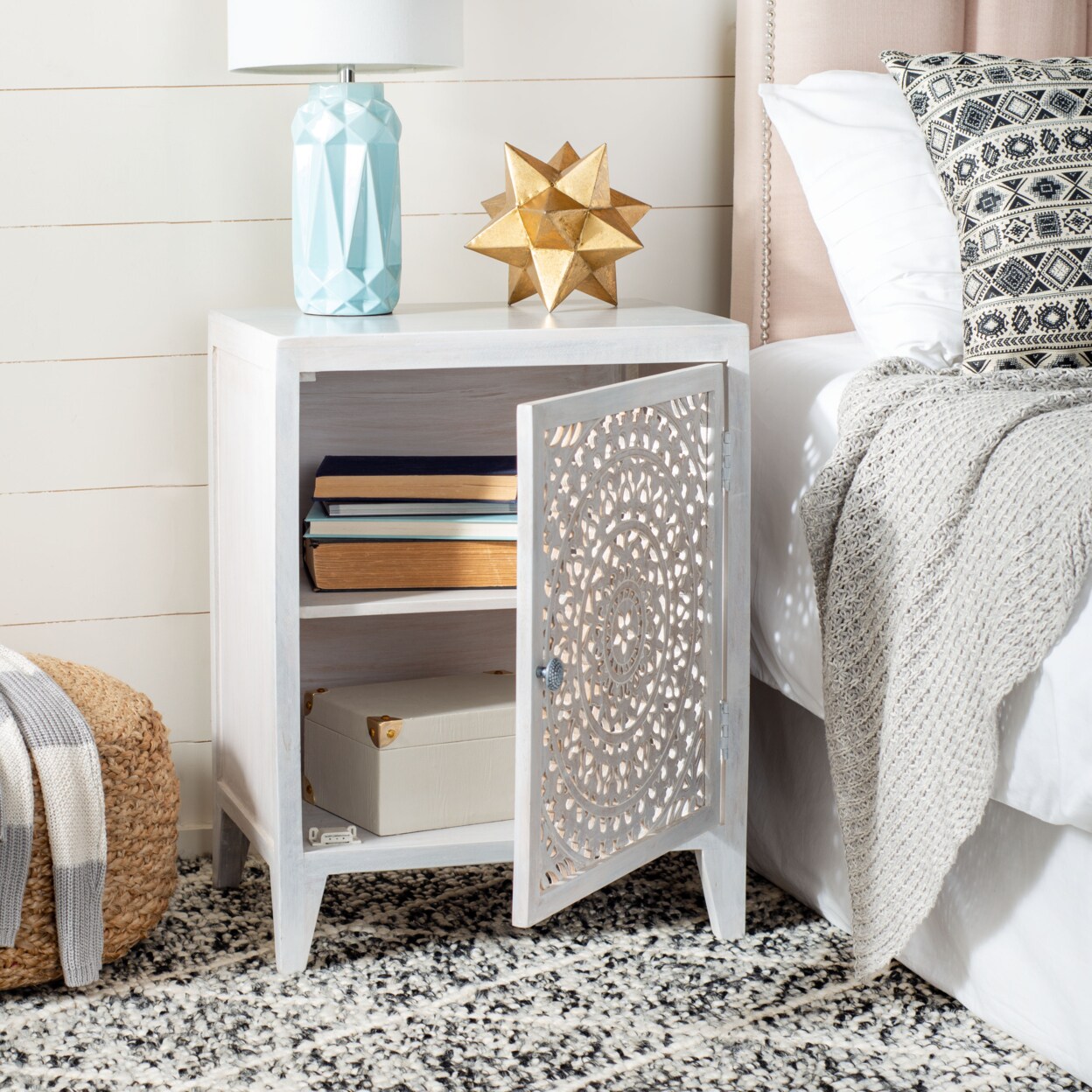 Safavieh   Thea 1 Door Carved Nightstand White Washed