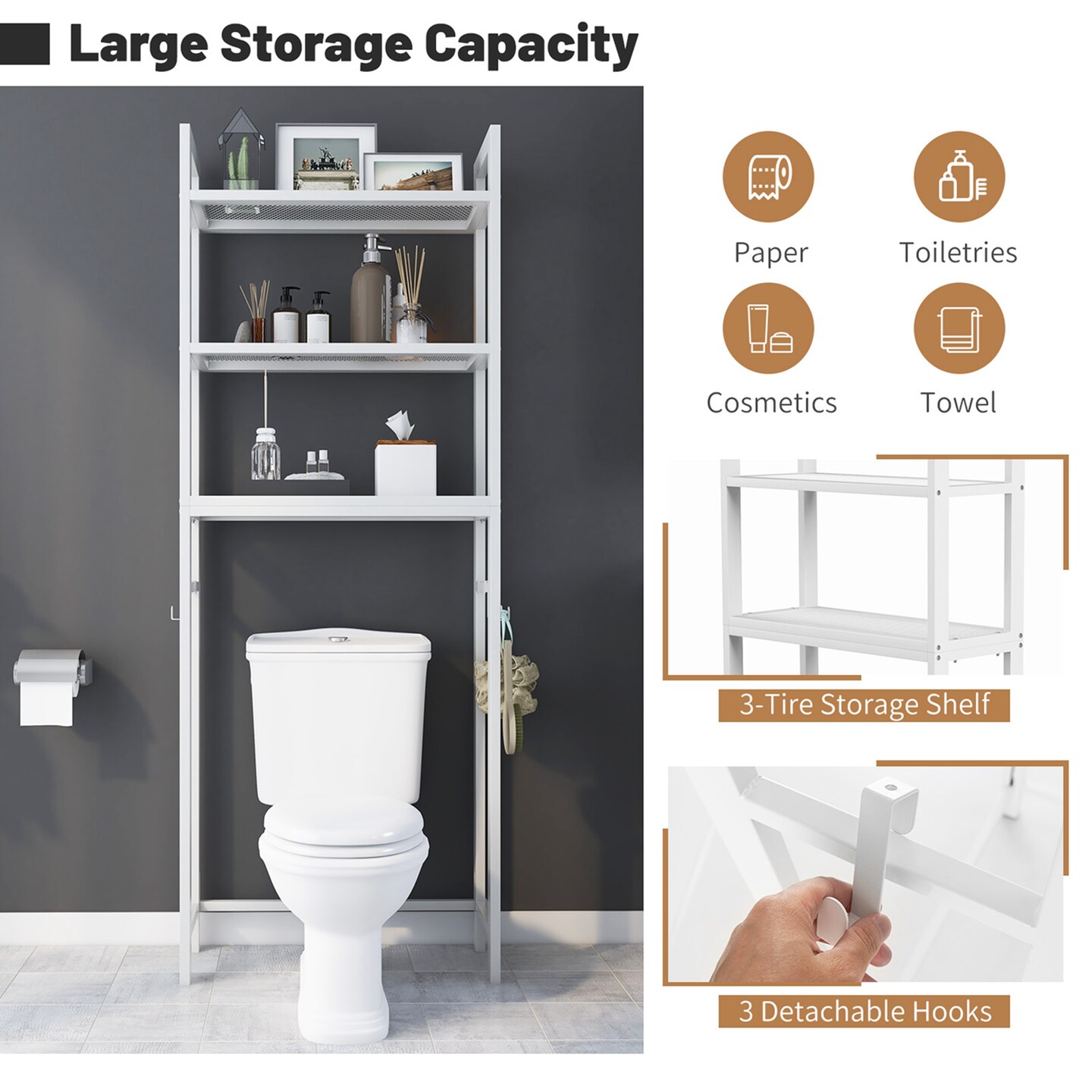 Costway Over-The-Toilet Storage Shelf Space Saving Metal Bathroom Organizer Hooks Grey/White/Brown