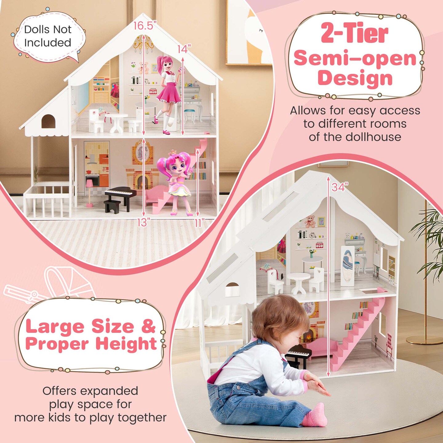 Costway Kids Wooden Dollhouse Semi-Opened DIY Playset with Simulated Rooms & Furniture
