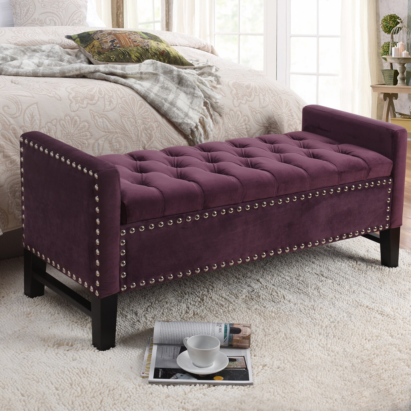 Emmaline PU Leather/Linen/Velvet Button Tufted Nailhead Trim Storage Bench