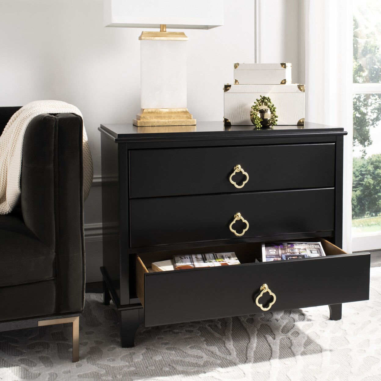 Safavieh   Hannon 3-Drawer Contemporary Nightstand Black / Brass