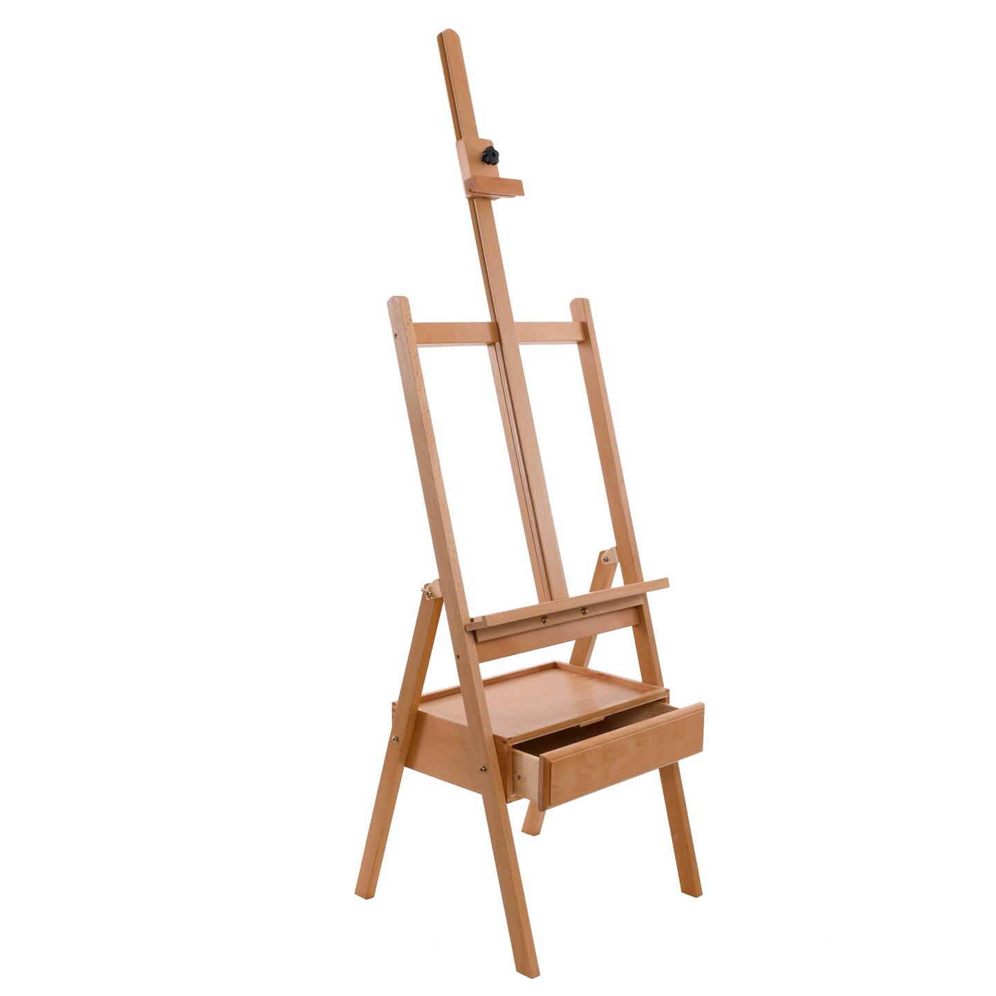 Large Wooden H-Frame Studio Easel with Artist Storage Drawer and Shelf - Mast Adjustable to 75&#x22; High, Sturdy Beechwood Canvas Holder Stand - Organized