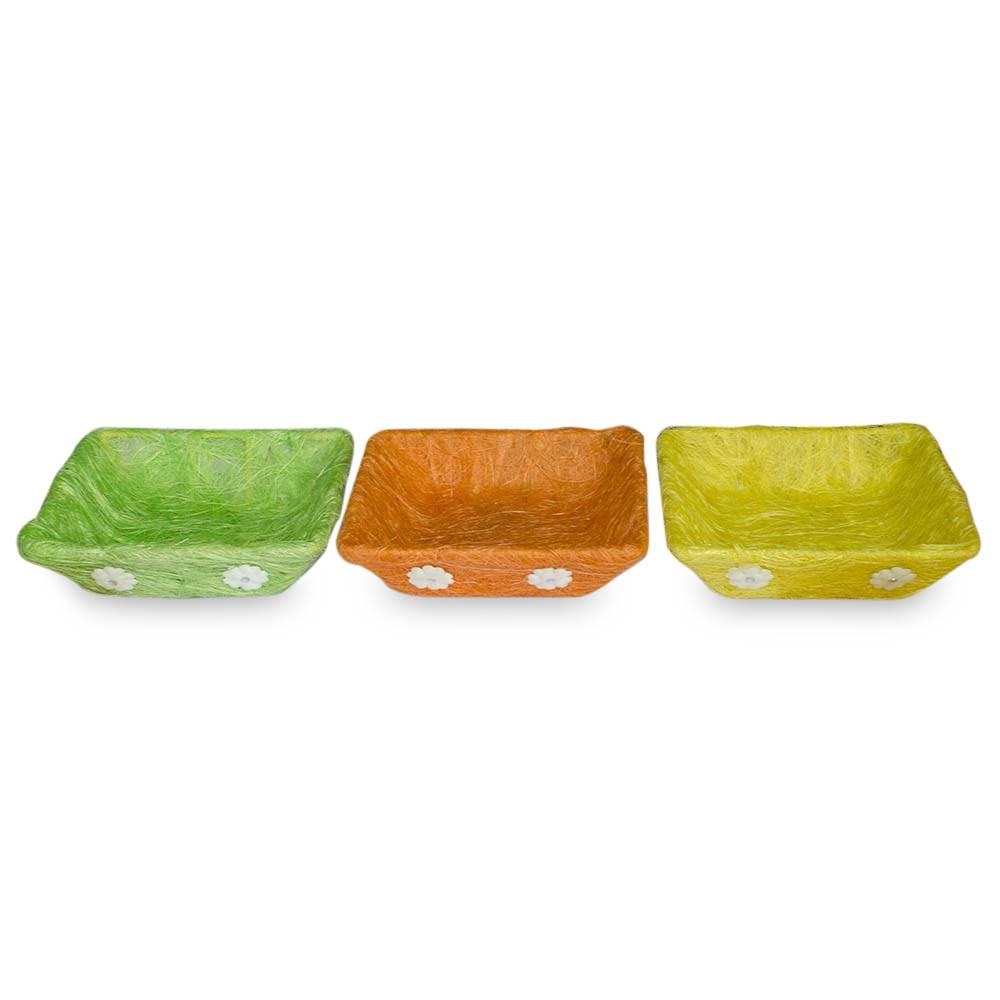 Set of 3 Green, Orange &#x26; Yellow Sisal Silk Trays 7 Inches