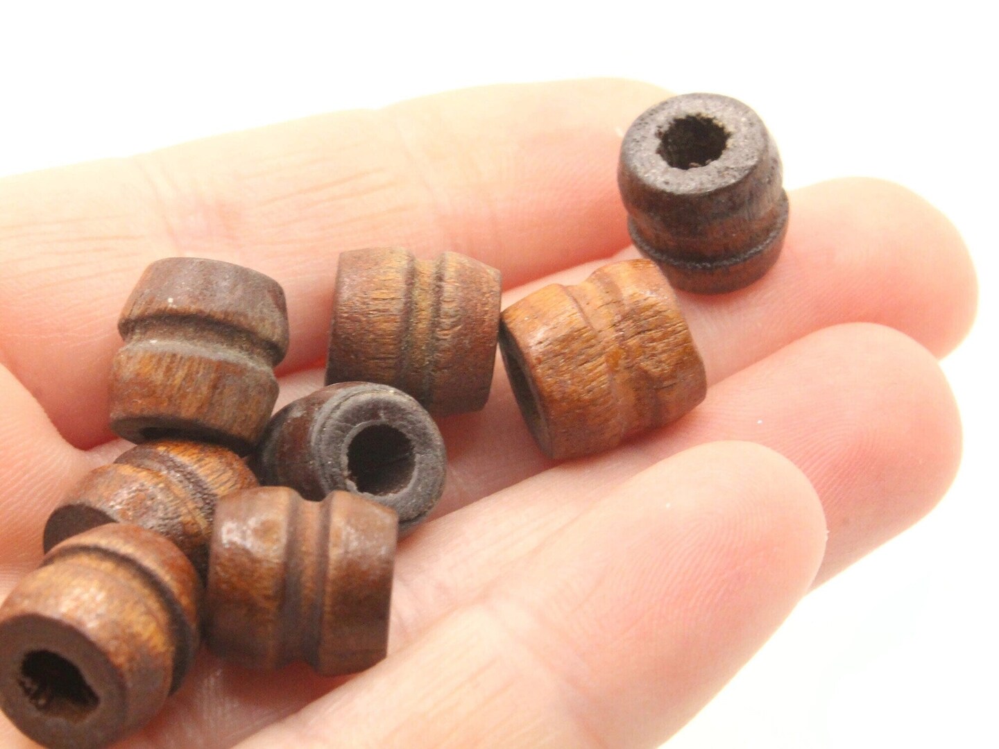 16 11mm Medium Brown Fluted Barrel Large Hole Wood Macrame Beads