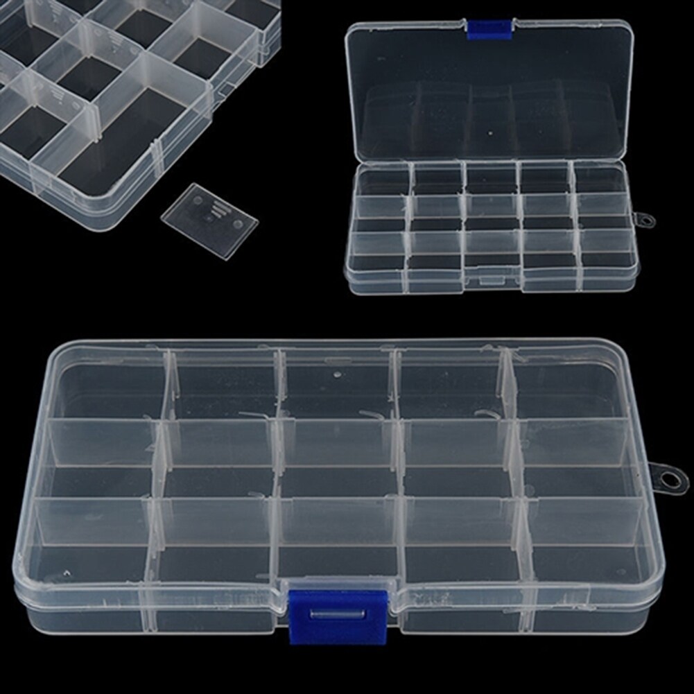 15 Slots Adjustable Plastic Fishing Lure Tackle Box Organizer Storage Case