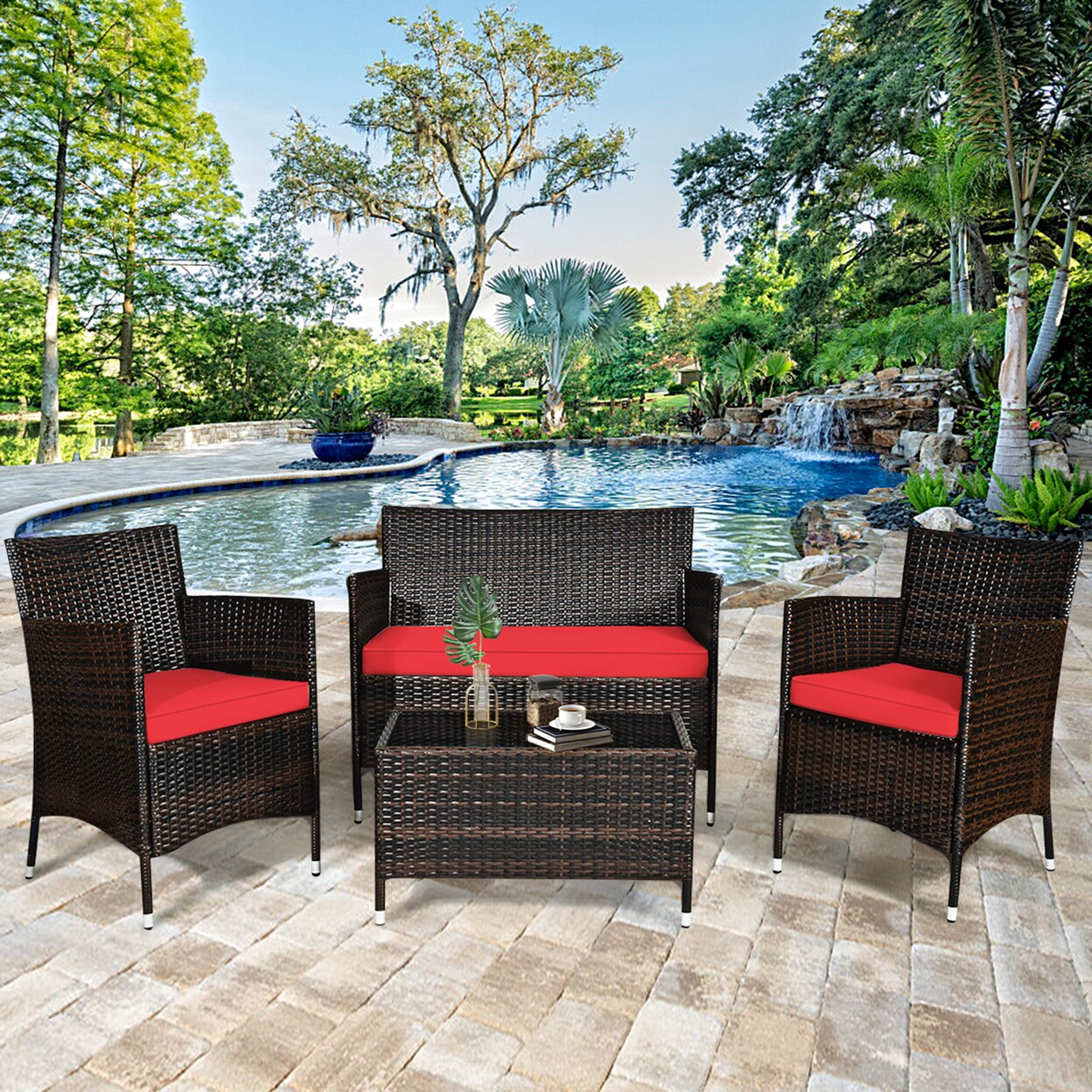 Gymax 4 Pieces Patio Rattan Conversation Furniture Set Outdoor w/ Brown and Red Cushion