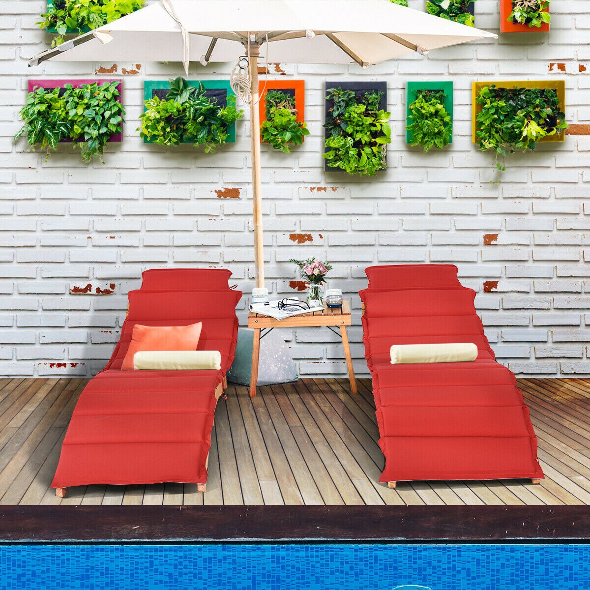 3 Pcs Folding Eucalyptus Lounge Chair And Table Set W/ Double-Sided Cushion