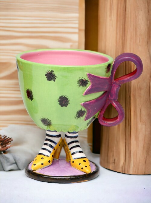 Ceramic Green Cup with Purple Bow on Yellow Heels, Home D&#xE9;cor, Gift for Her, Mom, Friend, or Coworker, Kitchen D&#xE9;cor, Office Decor