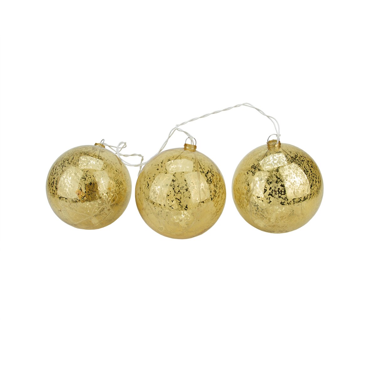 PENN Lighted Mercury Glass Finish Ball Christmas Ornaments - Gold - Clear Lights - Set of 3