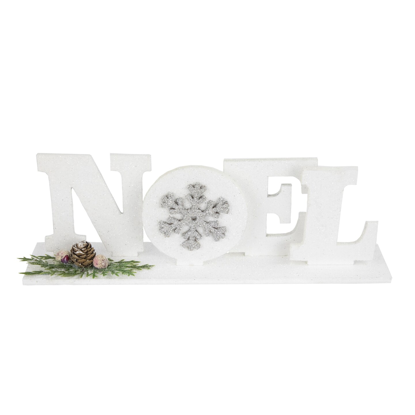 Northlight Noel and Snowflake Christmas Sign with Pinecone Holly - 10.25" - White and Silver