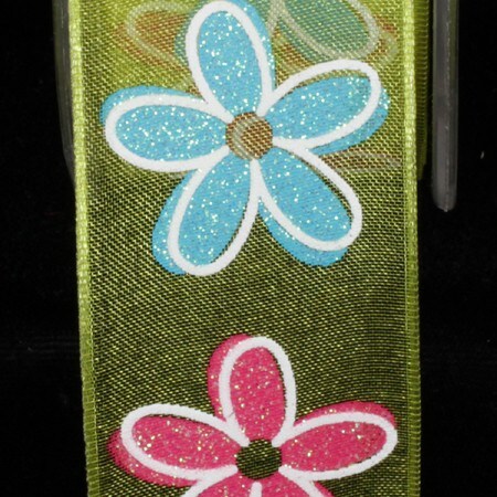 The Ribbon People Lime Green and Blue Floral Glittered Wire Ribbon 1.5&#x22; x 27 Yards