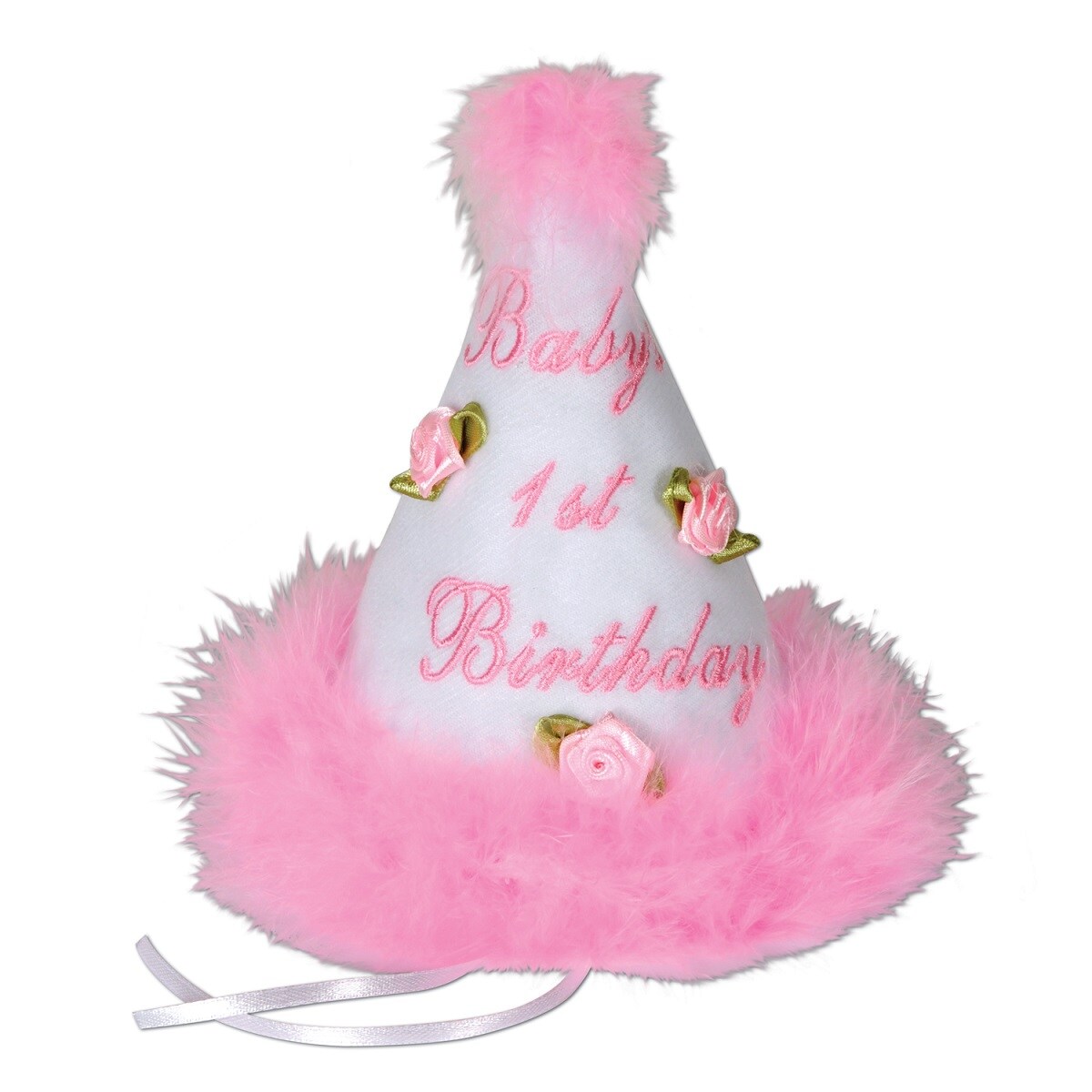 Party Central Club Pack of 6 Medium Head Size Baby's 1st Birthday Pink Party Cone Hat with Ribbon Ties 6.5"