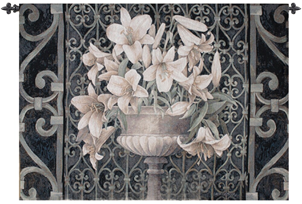 Manual Weavers Lilies in Urn Ornate Iron Gate Cotton Wall Art Hanging Tapestry 35&#x22; x 53&#x22;