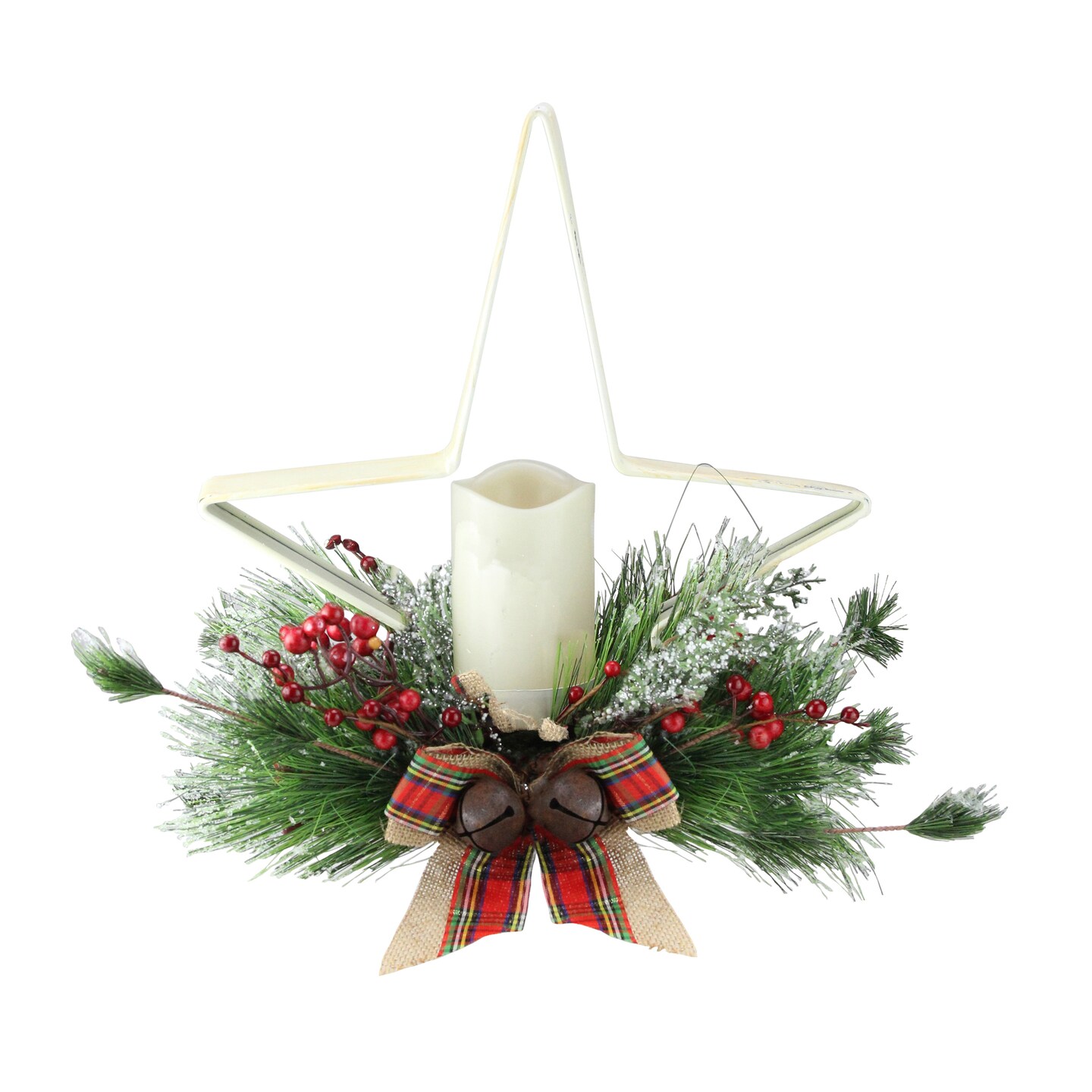Gerson 15&#x22; Battery Operated White and Green Christmas Star Candle Holder