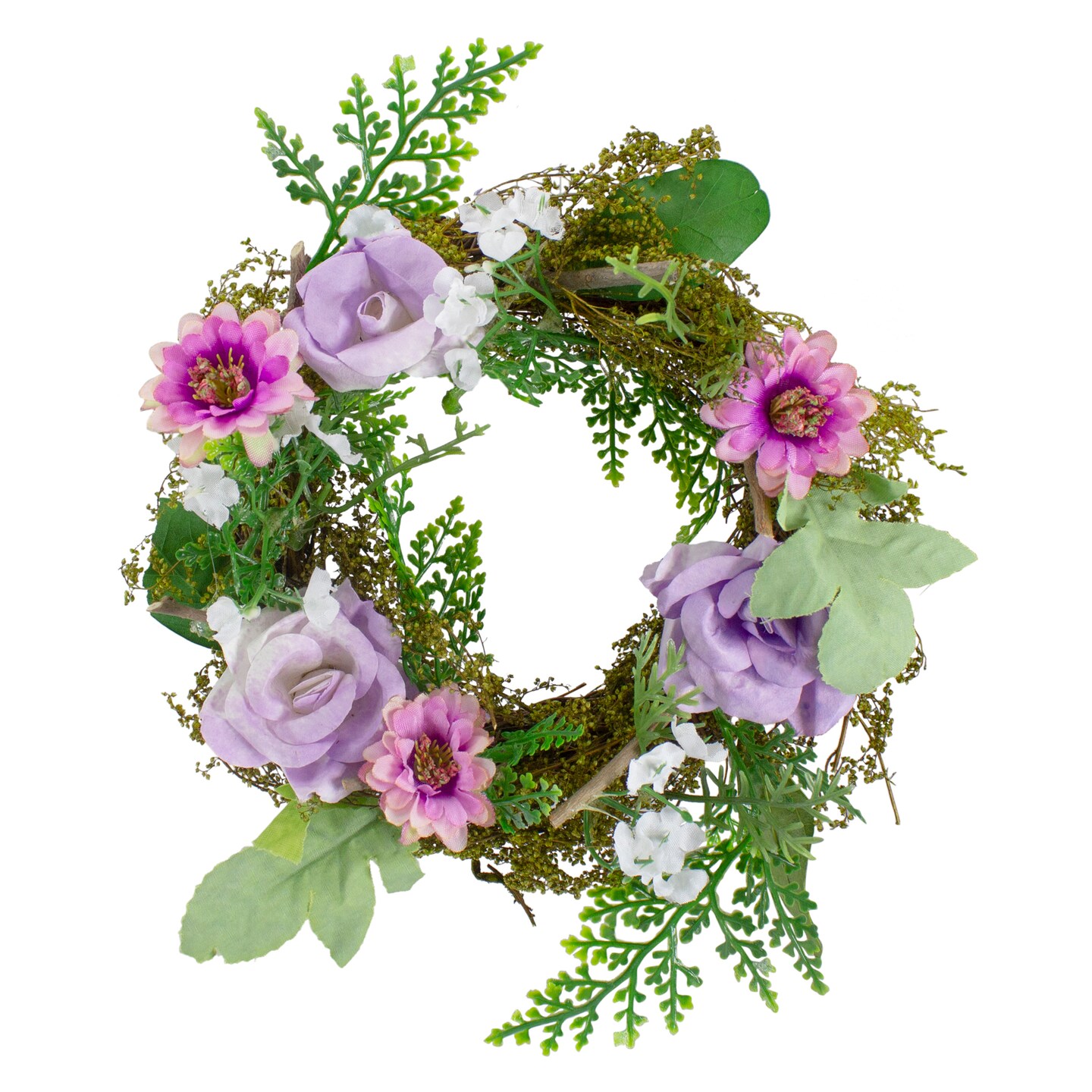 Northlight Mini Rose and Foliage Spring Wreath, Pink and Purple 8&#x22;