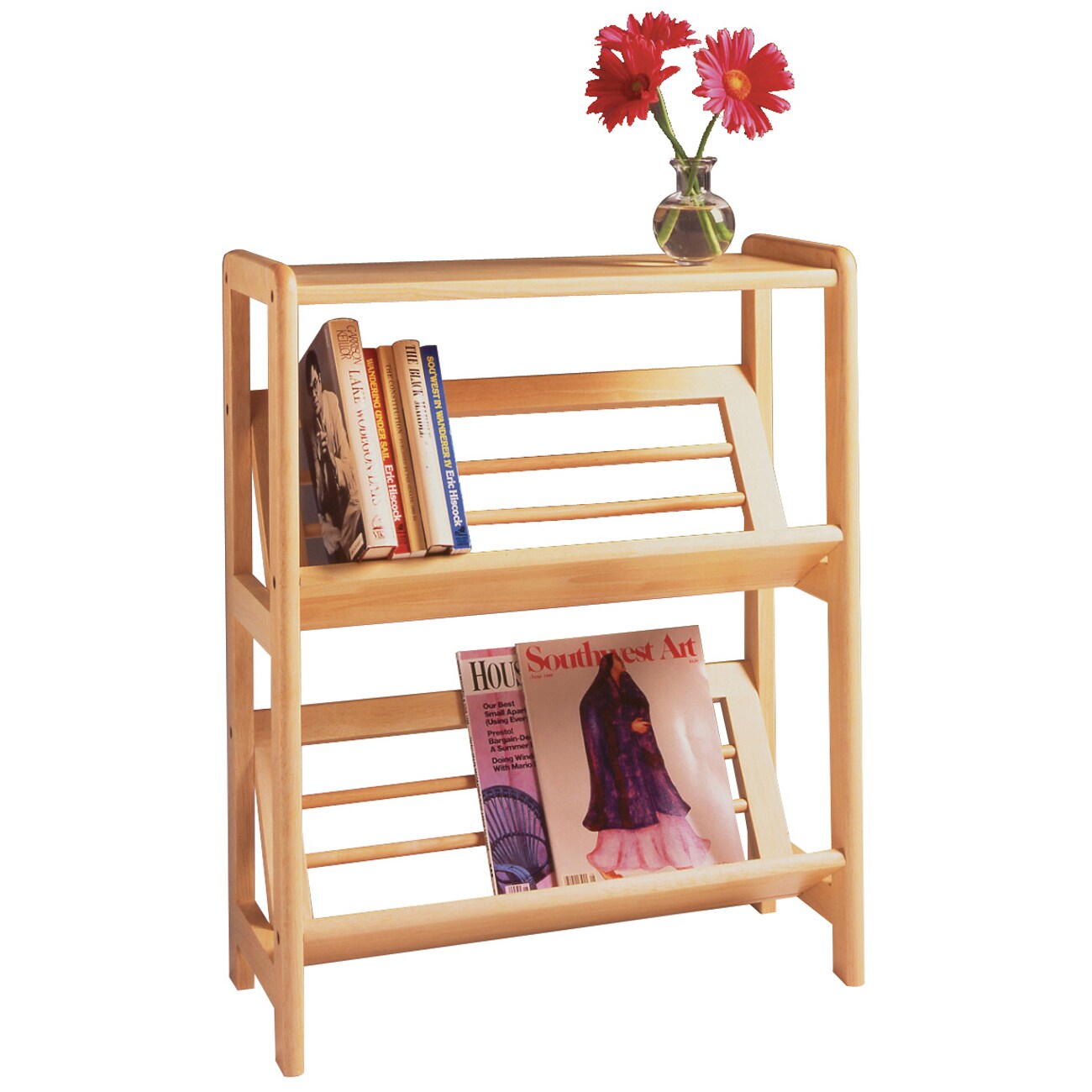 Contemporary Home Living 30&#x22; Natural Unique Juliet Bookshelf with 2-Layer Slanted Shelves