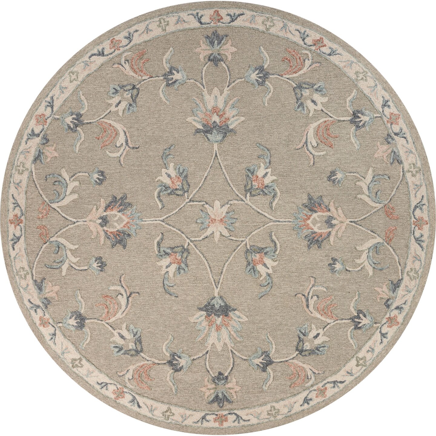 Laddha Home Designs 7.25' Beige and Blue Floral Hand Tufted Round Area Throw Rug