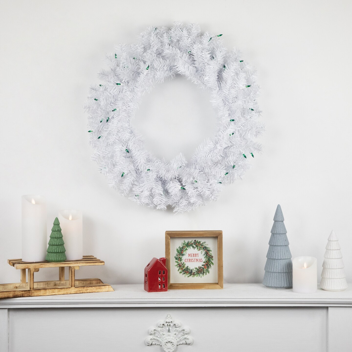 Northlight Pre-Lit Woodbury White Pine Artificial Christmas Wreath - 24" - Green Lights