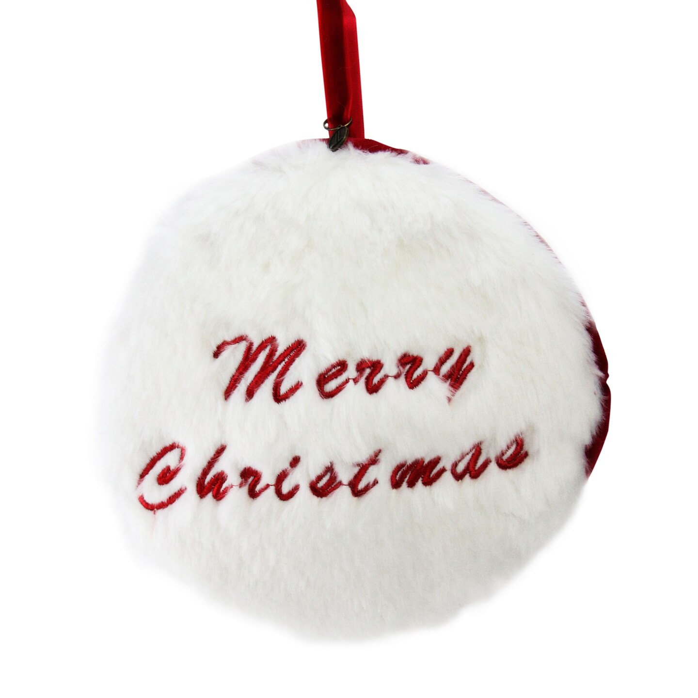 Allstate 7.5" Red and White "Merry Christmas" Faux Fur Decorative Christmas Disc Ornament