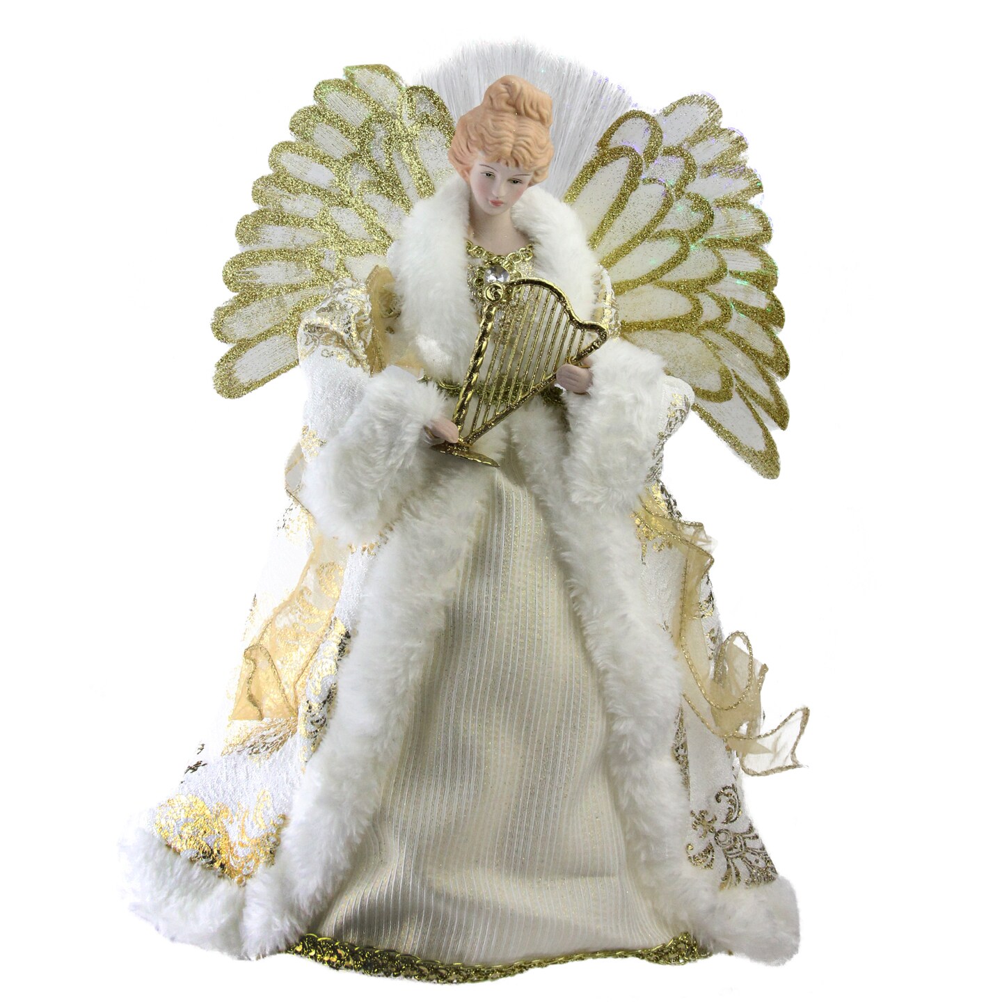 Northlight 12&#x22; Lighted Fiber Optic Angel in Gold and Cream Gown with Harp Christmas Tree Topper