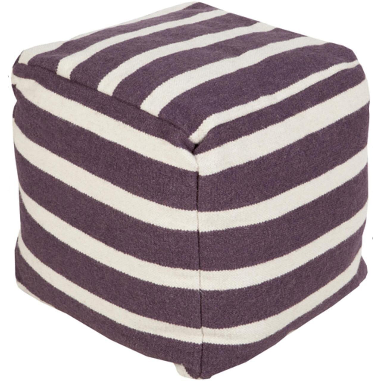 Diva At Home 18" Plum Purple and Cream Simply Striped Wool Square Pouf Ottoman
