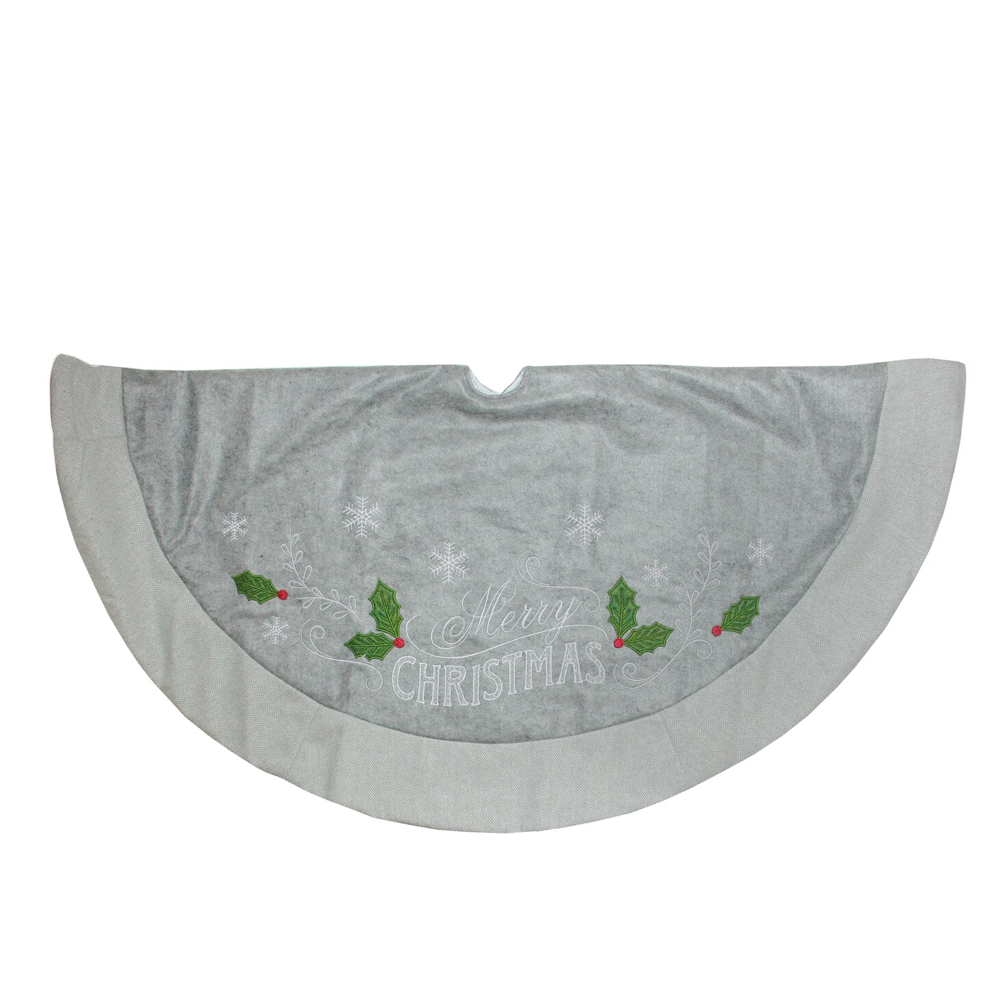 Dyno 48&#x22; Gray and Green &#x27;Merry CHRISTMAS&#x27; Mottled Tree Skirt with Herringbone Bordered Trim