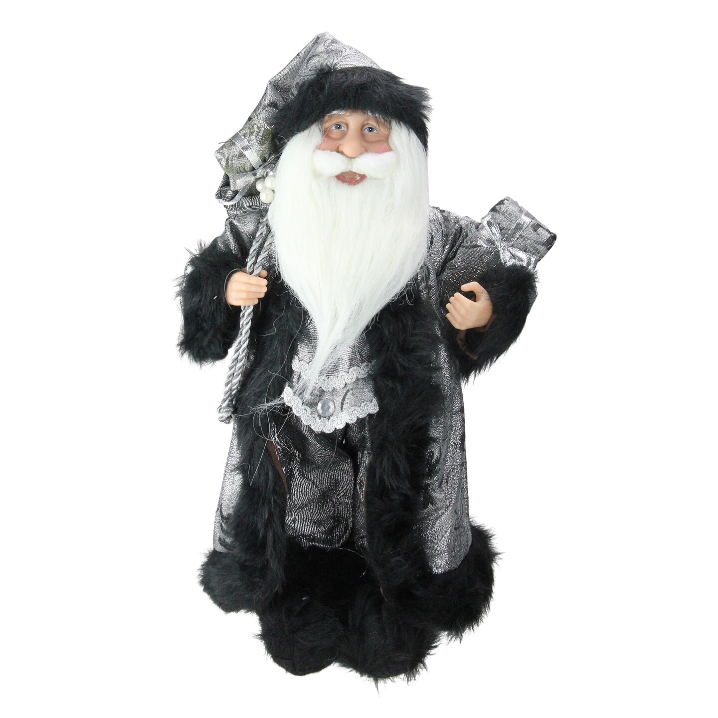 Northlight Standing Santa Claus Christmas Figure with Sack - 16" - Silver and Black